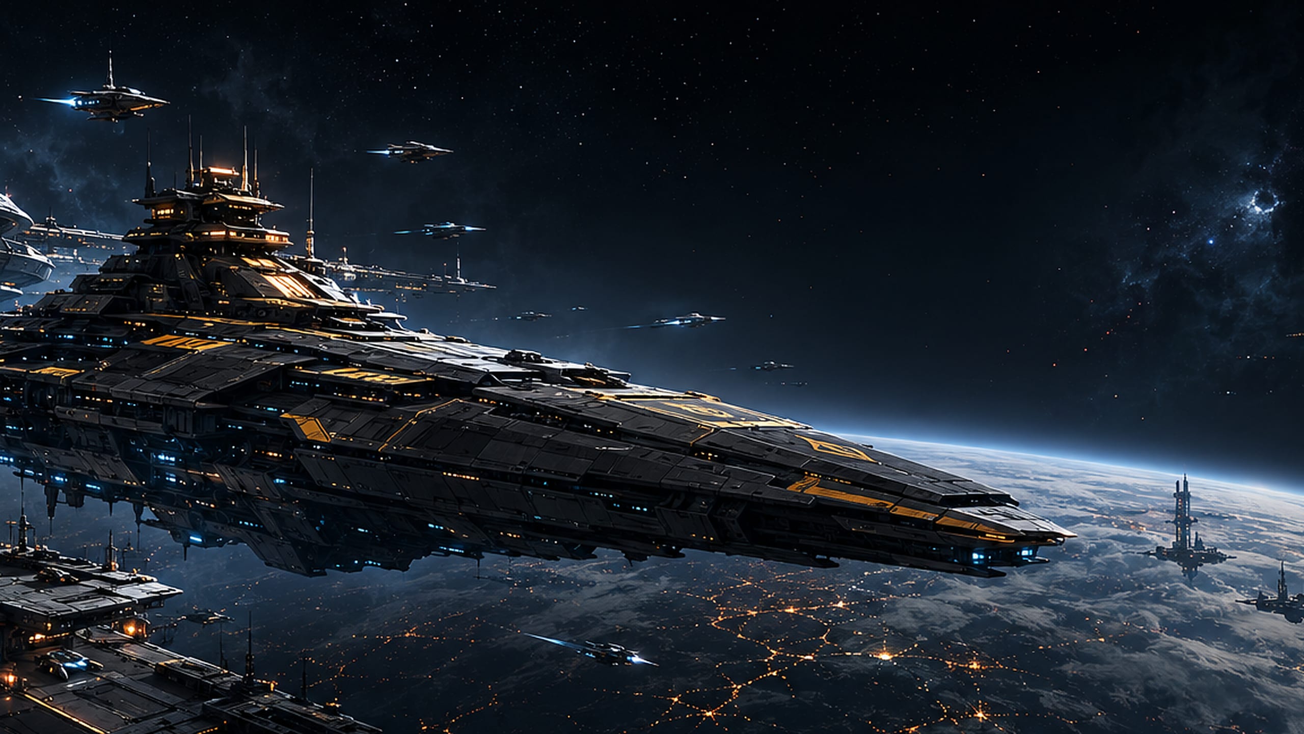 A dark armoured capital ship holding position above a planet at night, escorted by smaller craft.
